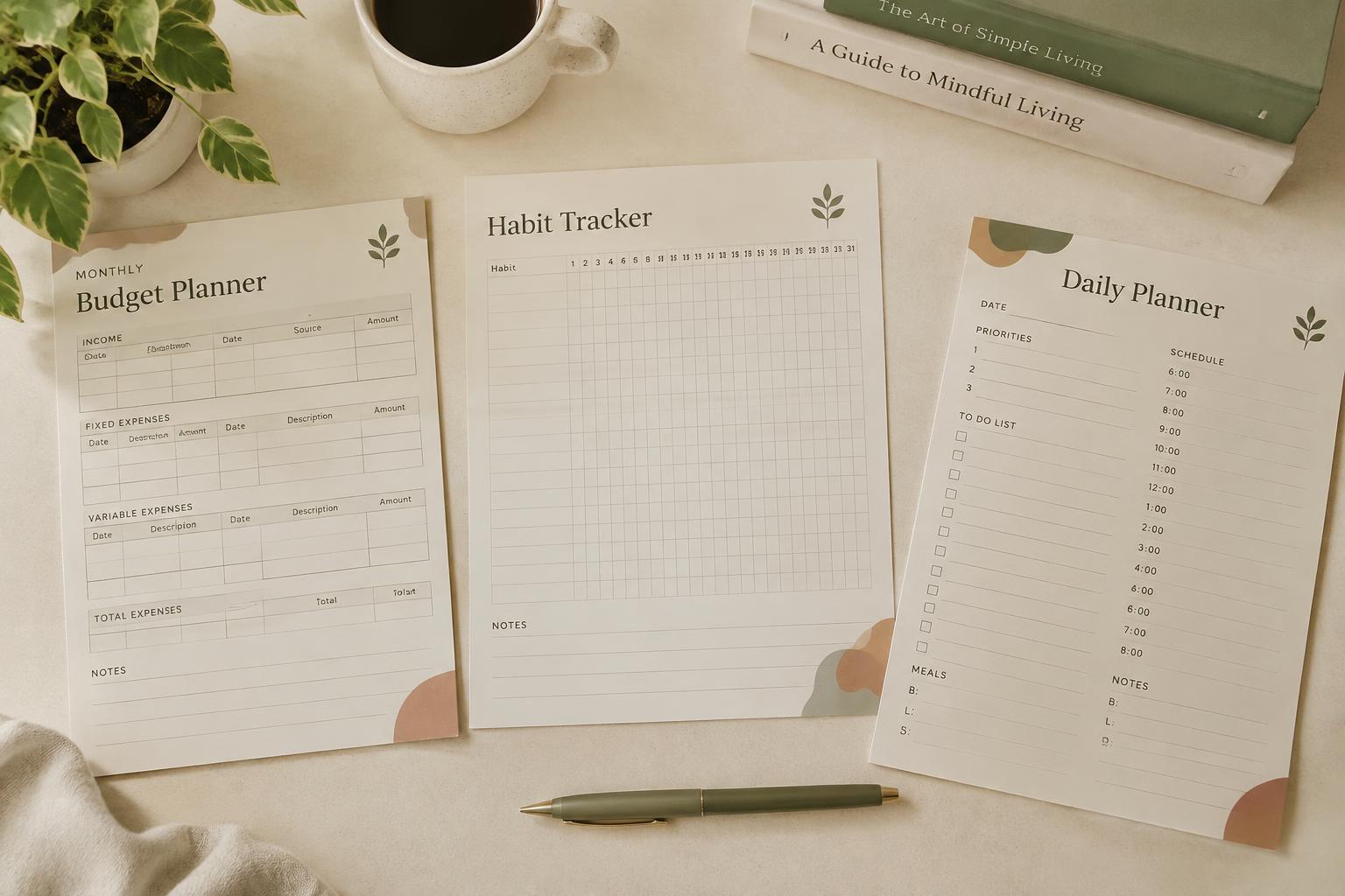 Printed budget, habit and daily planner pages